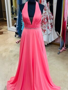 GLO jeans Coral Pink Halter Prom Gown with Jeweled Waistband